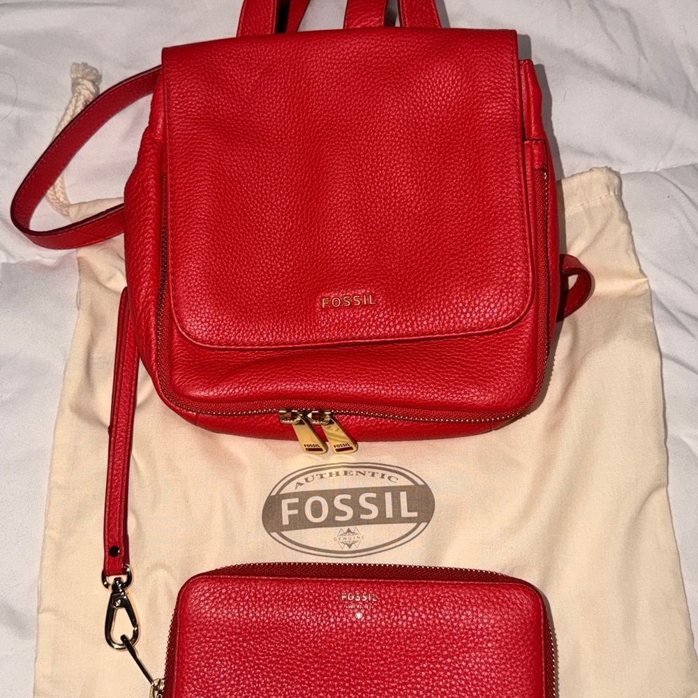Fossil Bold Red Leather Backpack and Wallet